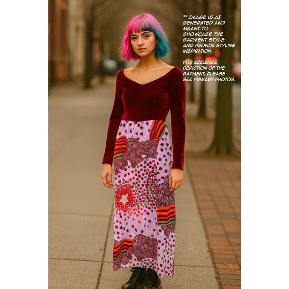 Vintage 1960s Velvet & Psychedelic Print Maxi Dress Burgundy Mod Evening Gown - Picture 7 of 8